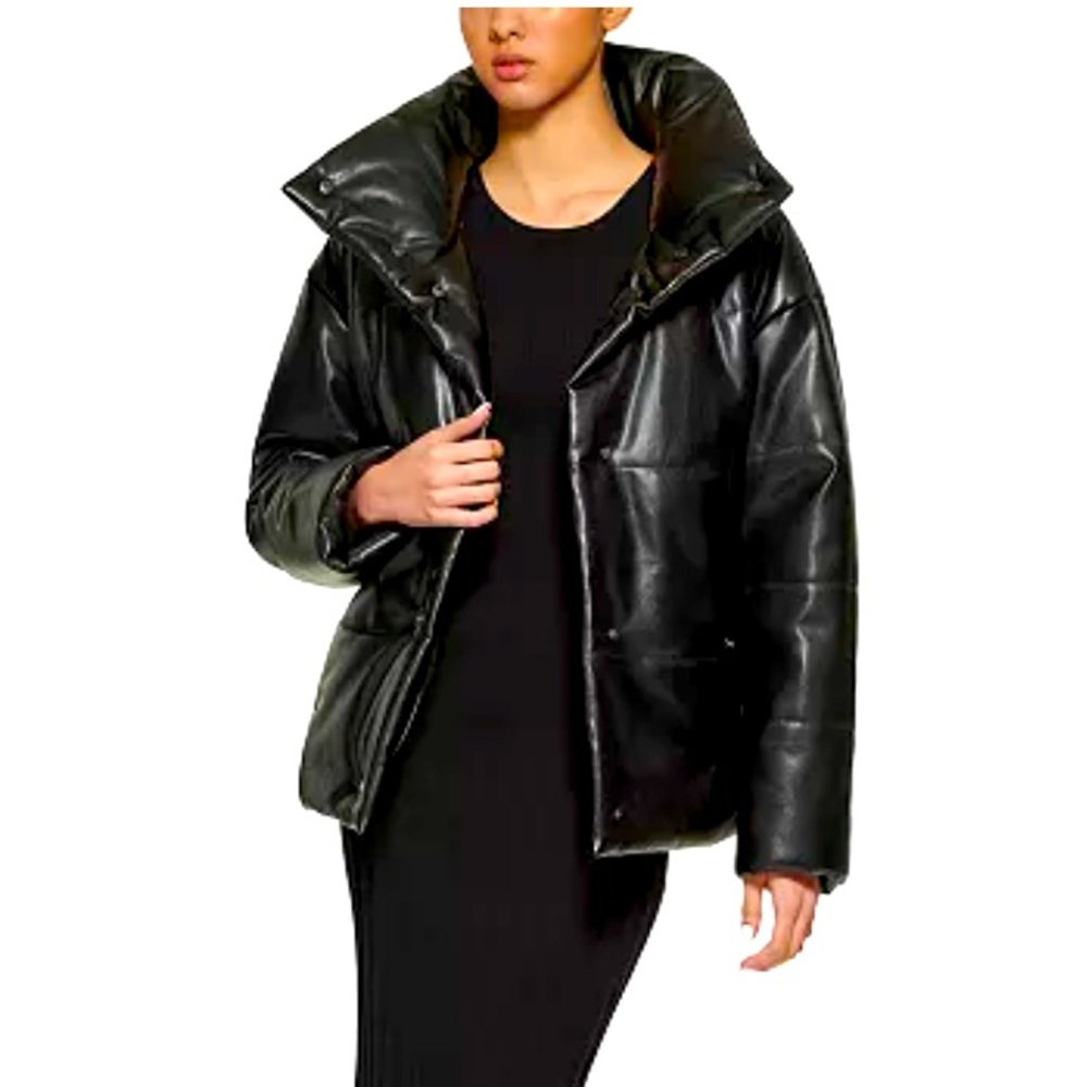 DKNY Women's Faux-Leather Puffer Coat